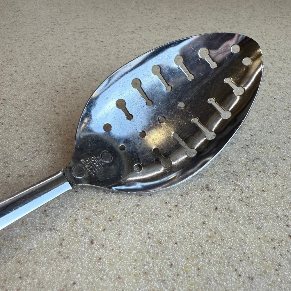 Vintage EKCO Slotted Spoon Chromium Plated Black Handle USA Kitchen Utensil