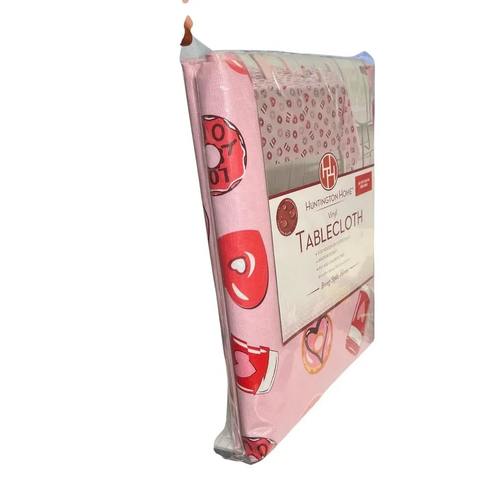 Huntington Home Vinyl Tablecloth 60x84 Pink Hearts Coffee Donuts Valentines Day