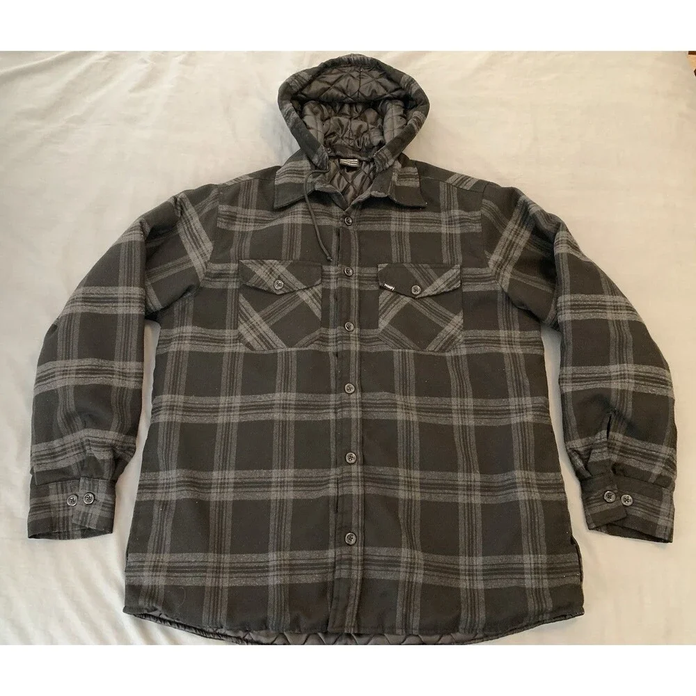 Hillbilly Flannel Co Explorer Hooded Jacket Men's 2X Gray on Black Plaid Quilted