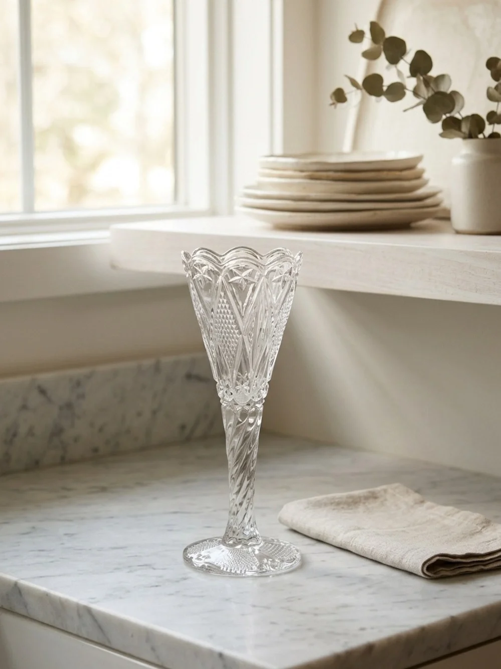 Antique 1910 McKee Fentec Clear Pressed Glass Chalice Vase EAPG Home Decor