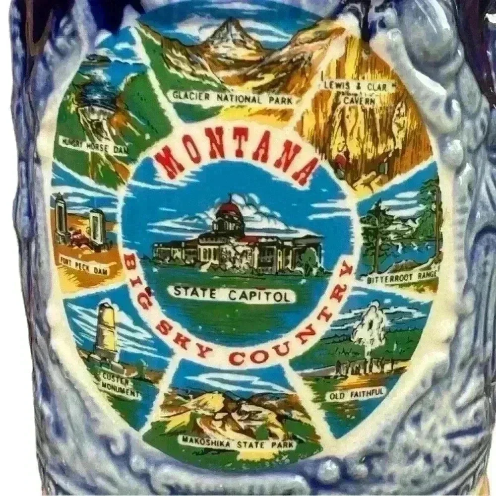 Vintage Montana souvenir beer stein mug blue & brown luster glaze made in Japan