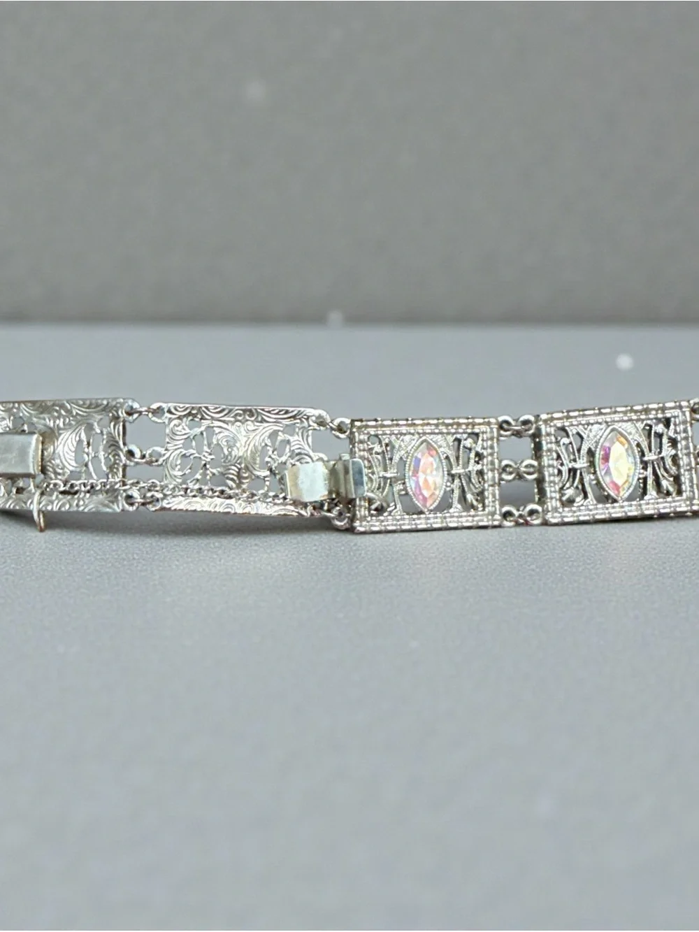 Aurora Borealis Marquise Crystal Filigree Bracelet - Silver Tone