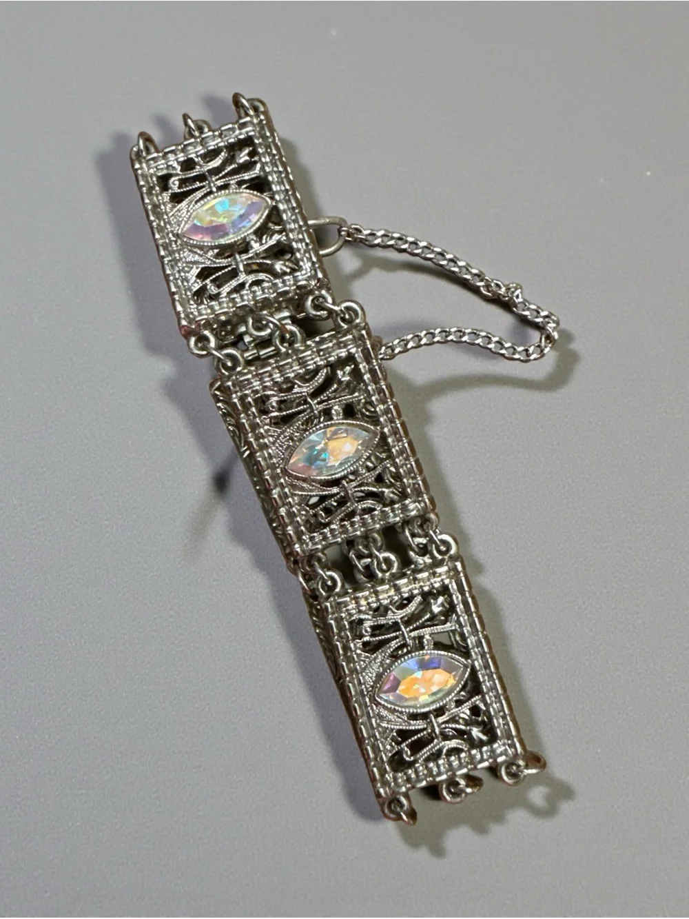 Aurora Borealis Marquise Crystal Filigree Bracelet - Silver Tone