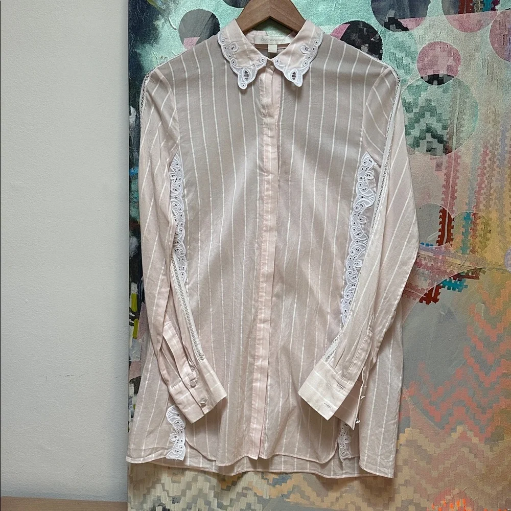 Jonathan Simkhai Pink and white pin-striped silk and lace Top