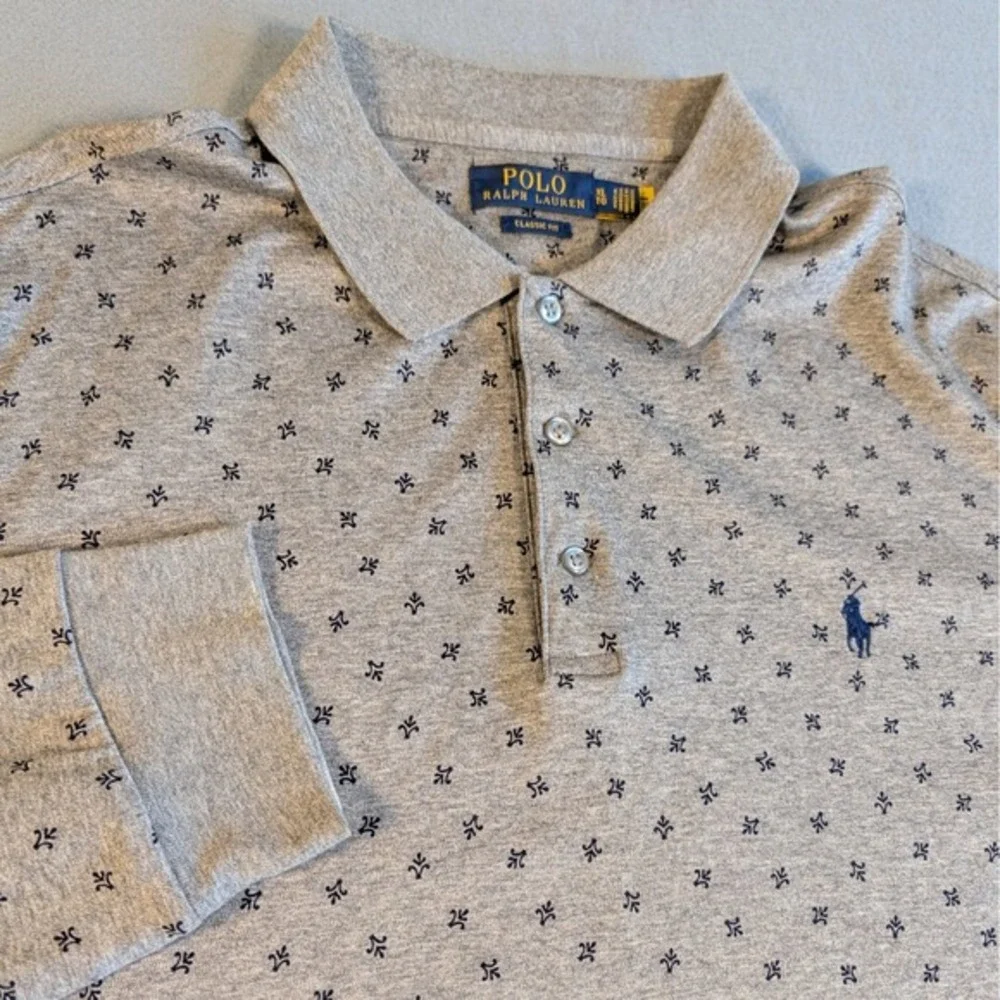Polo Ralph Lauren Men's Metallic Gray Heather Polo Shirt‎ Classic Fit Fleur AOP