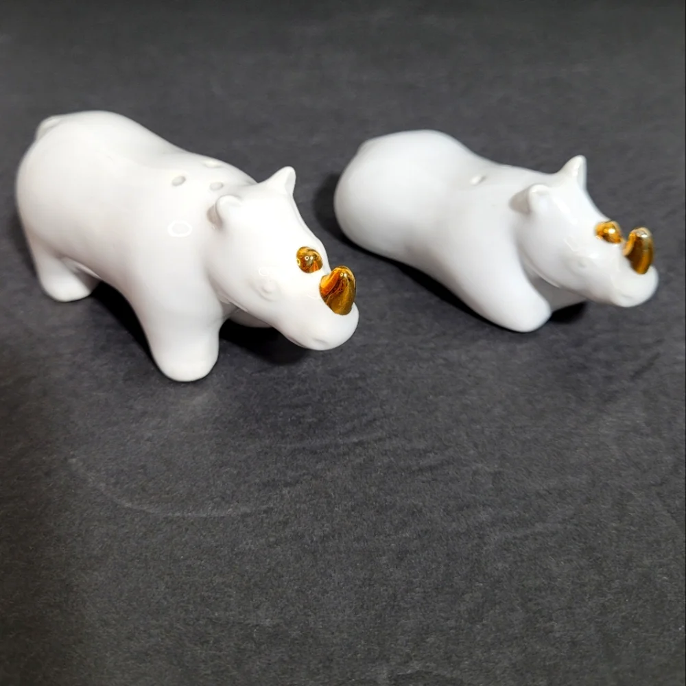 White Rhinoceros Salt & Pepper Shakers Set with Golden Horns