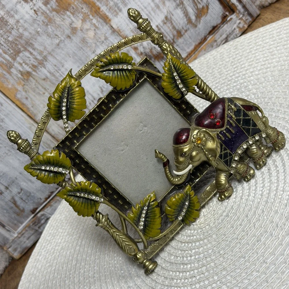 Ornate Gold Tone Elephant Enamel Rhinestone 3x3 Picture Frame Tropical Leaf Boho