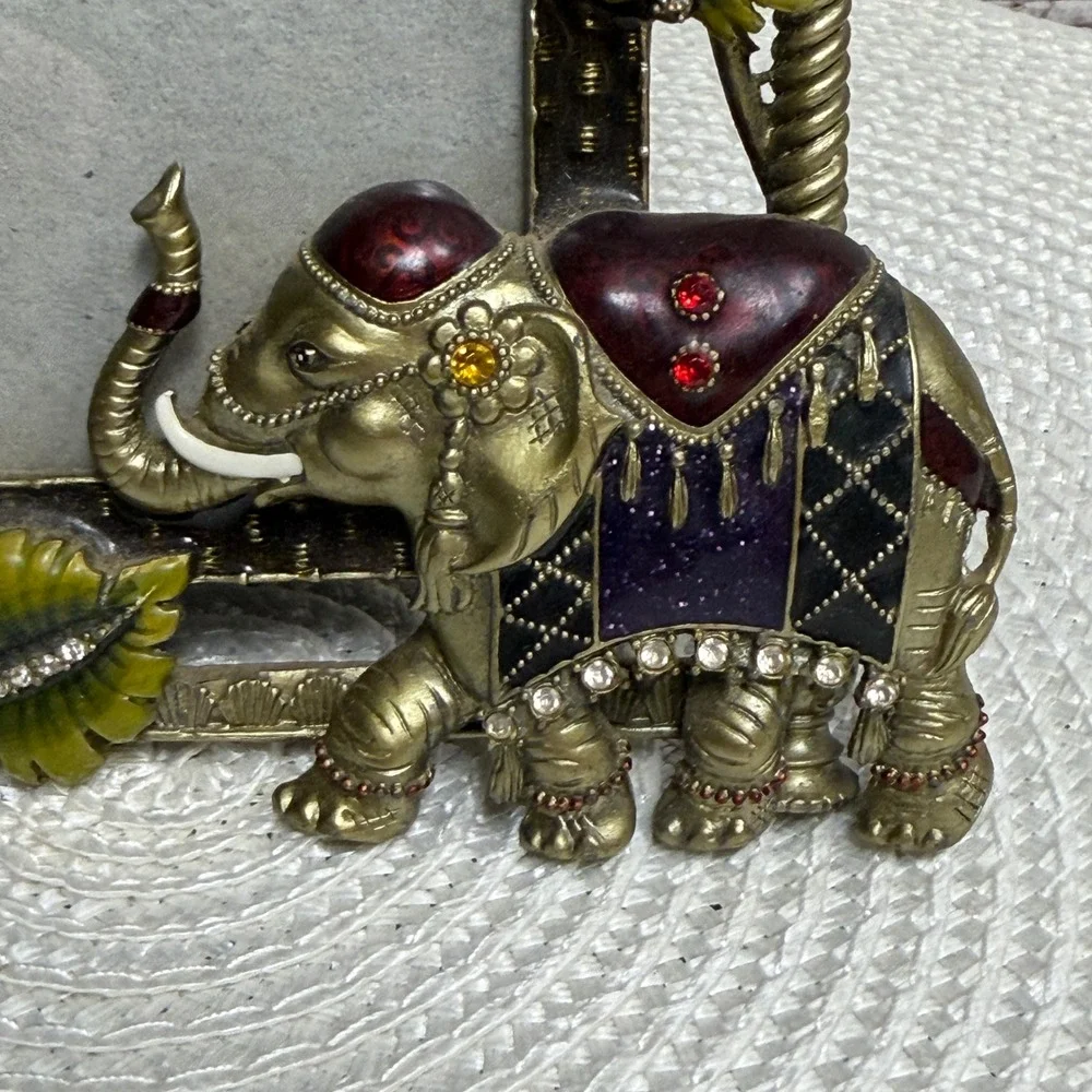 Ornate Gold Tone Elephant Enamel Rhinestone 3x3 Picture Frame Tropical Leaf Boho