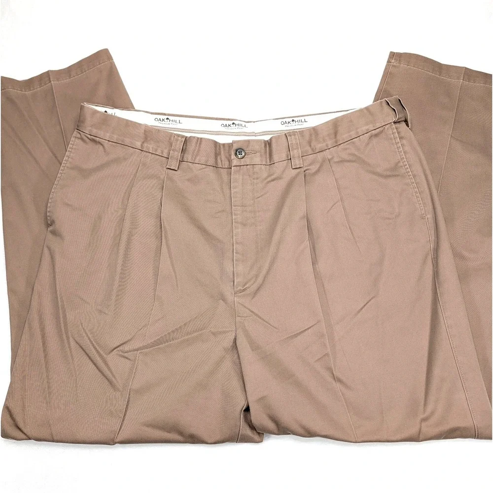 Oak Hill Mens Pleated Khaki Pants 46x34 Cotton Classic Fit‎ Casual Trousers