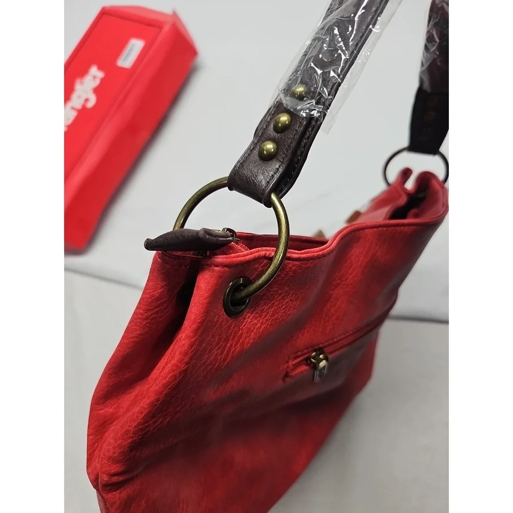 Wrangler‎ Vegan Leather Hobo Bag Women's Top Handle Shoulder Purse Red Brown NWT