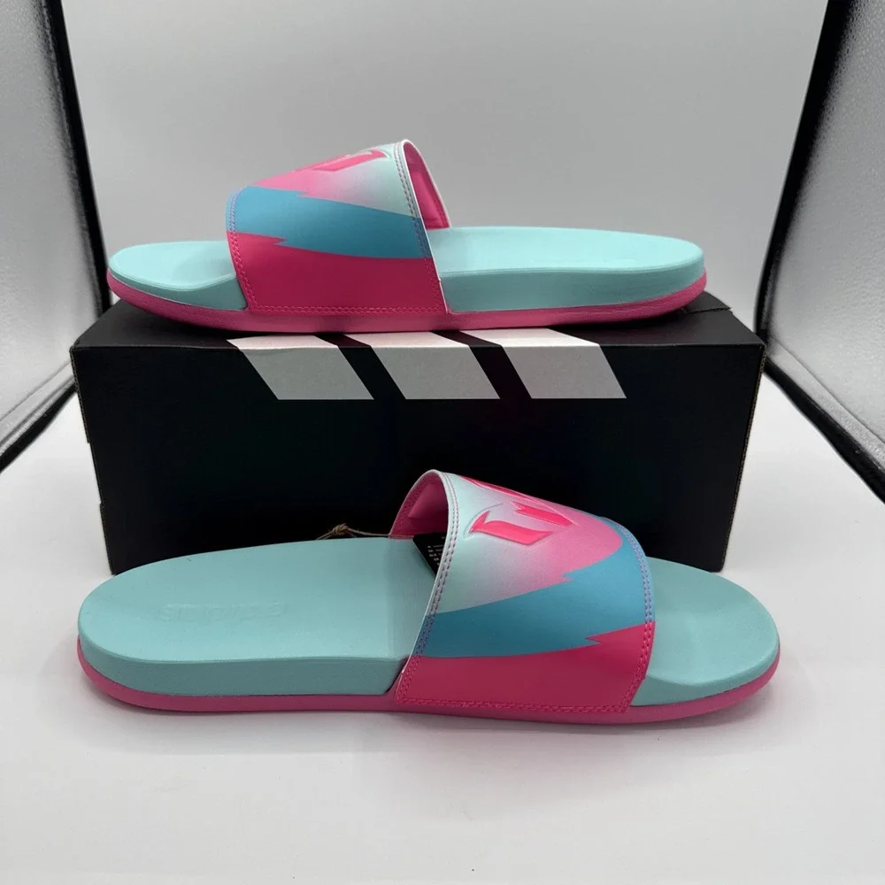 Adidas Messi Slides Men's Size 11 Sandals Pink Blue Adilette Comfort‎ JR6326