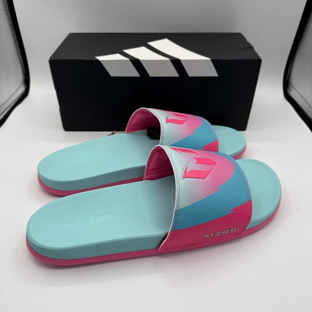 Adidas Messi Slides Men's Size 11 Sandals Pink Blue Adilette Comfort‎ JR6326
