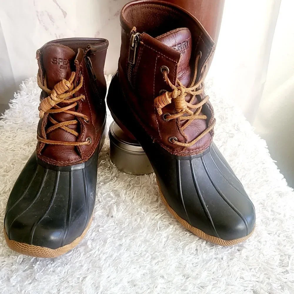 Sperry leather trim duck boots hunter green and brown