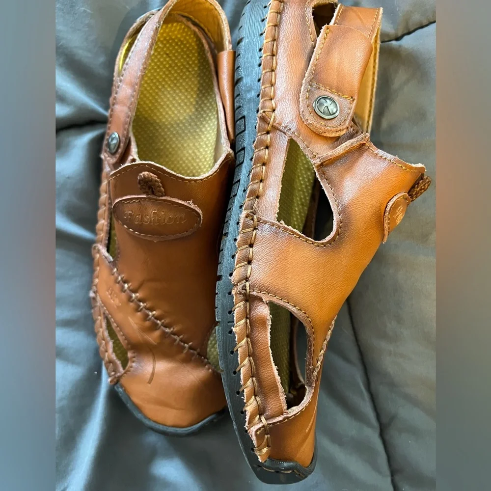 HSY Fashion Men's 100% Caoutchouc Leather Closed Toe Sandal‎ Brown Size 40 US 7