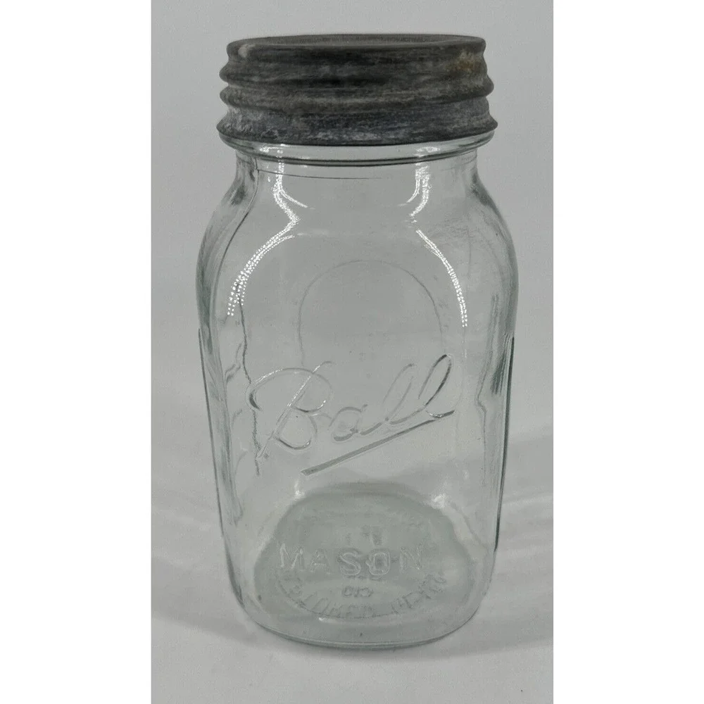 Ball Mason Canning Jar Qt Blue Tint Glass Measure Sculptured 62 C10 w/Zinc Lid