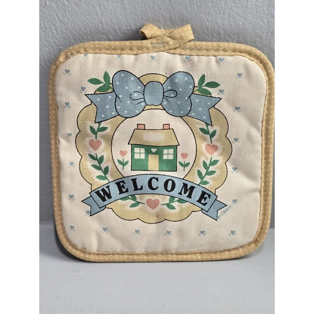 Vintage Pot Holder Welcome Cottagecore Country Home Vine Heart Tulips Bow Floral