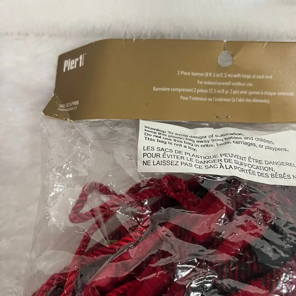 Sealed Pier 1 Pennant Banner Merry Christmas Buffalo Plaid Burlap w/Holly Accent