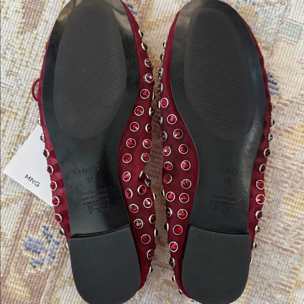 NWT Mango studded bow front ballet pumps in red Size 36