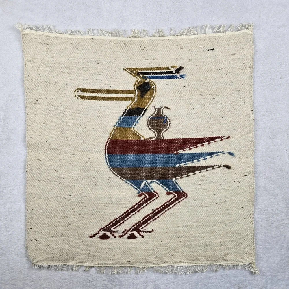 Vtg Hand Woven South American Ecuadorian Roadrunner Wall Hanging Tapestry Native