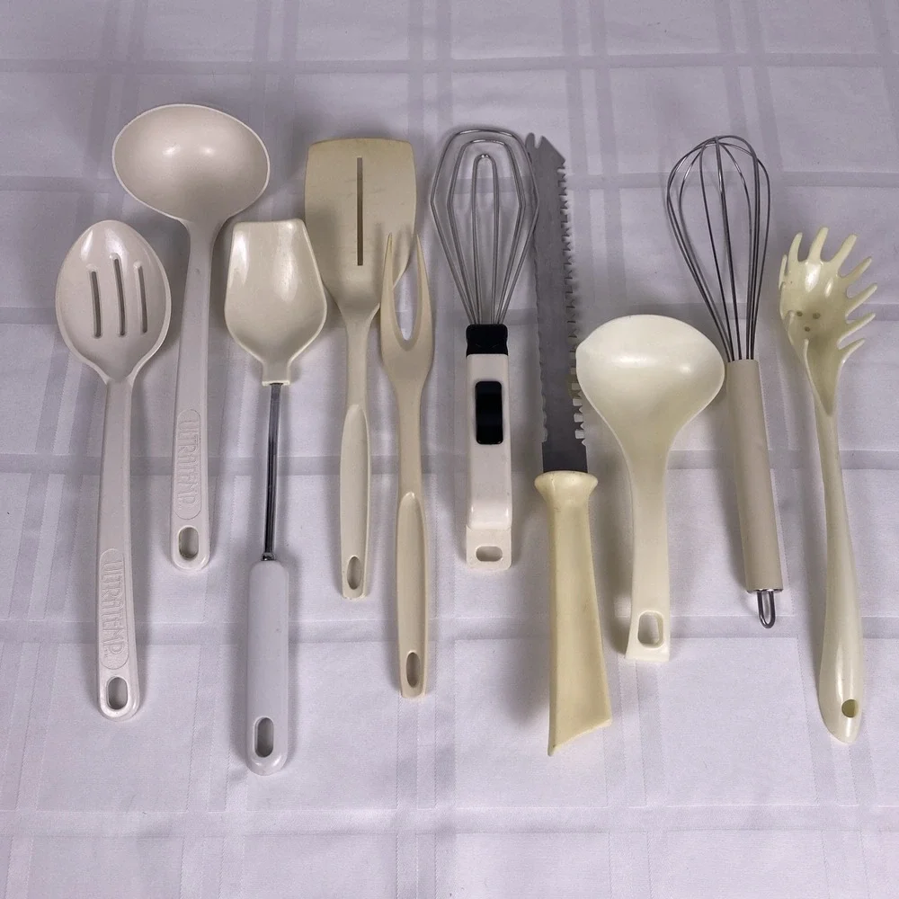 Retro White Kitchen Utensils. Lot of 10. Brands vary