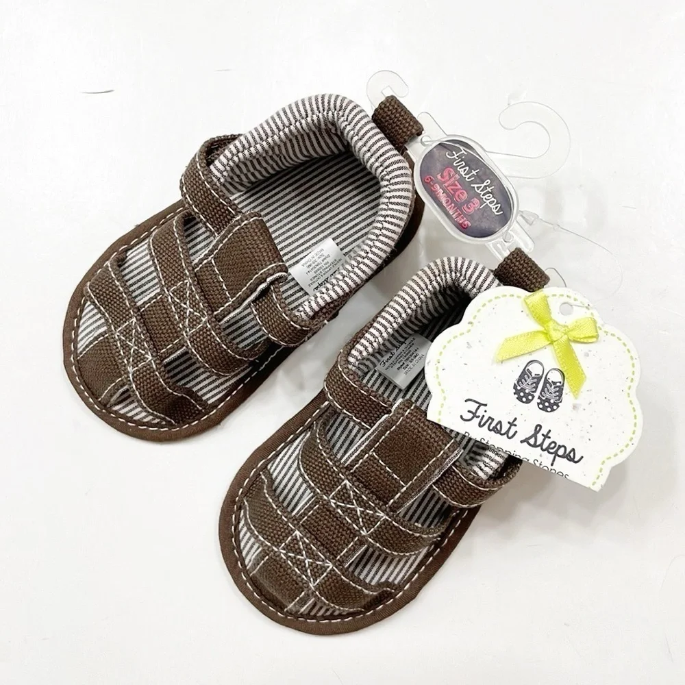 NEW First Steps chocolate canvas w/stripe baby sandals