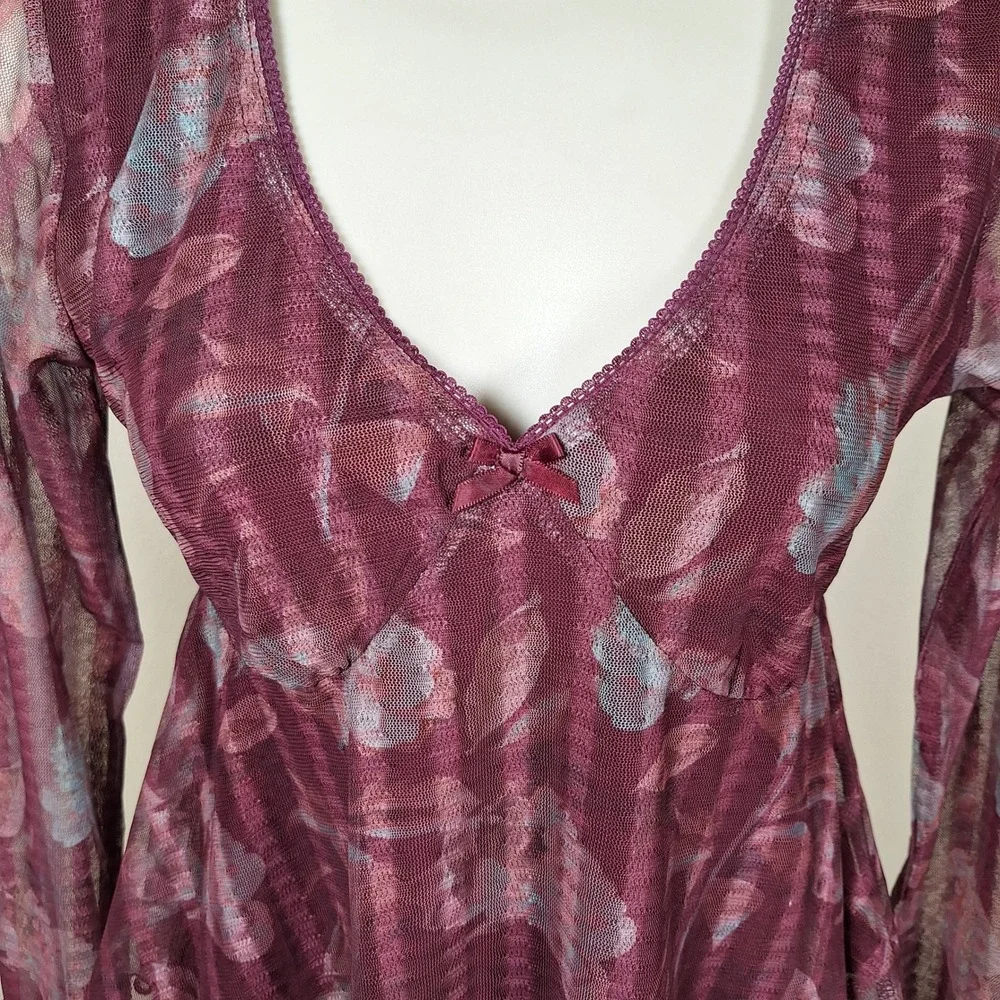Y2K Babydoll Sheer Mesh Fairy Grunge Whimsi Flowy Floral Top Long Sleeve Small
