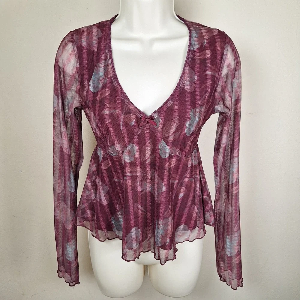 Y2K Babydoll Sheer Mesh Fairy Grunge Whimsi Flowy Floral Top Long Sleeve Small