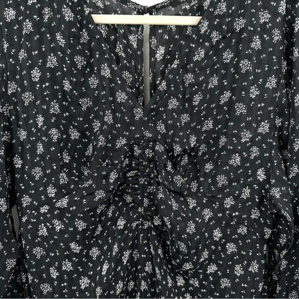 Madewell Floral Ruched Midi Dress in Black Size 8
