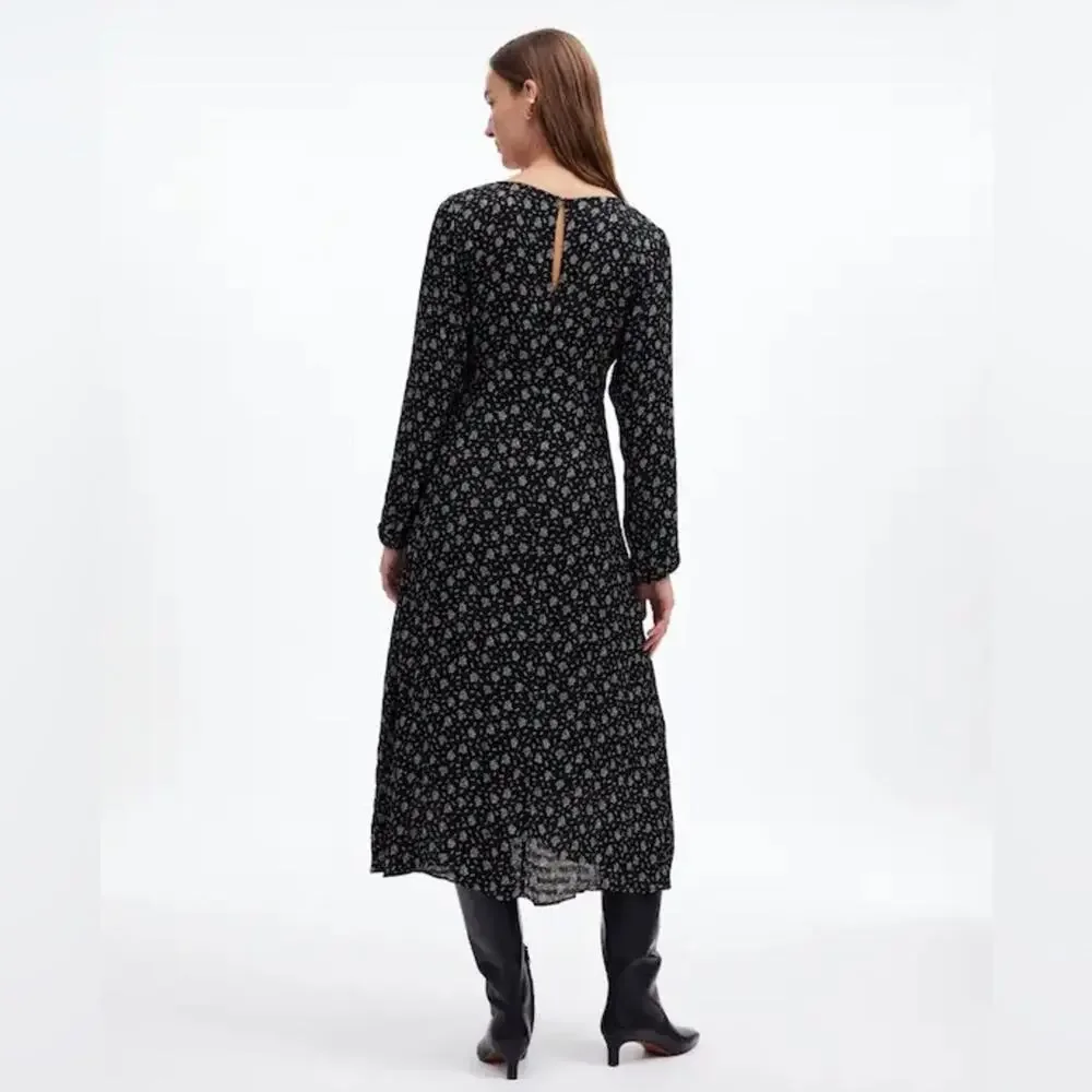 Madewell Floral Ruched Midi Dress in Black Size 8