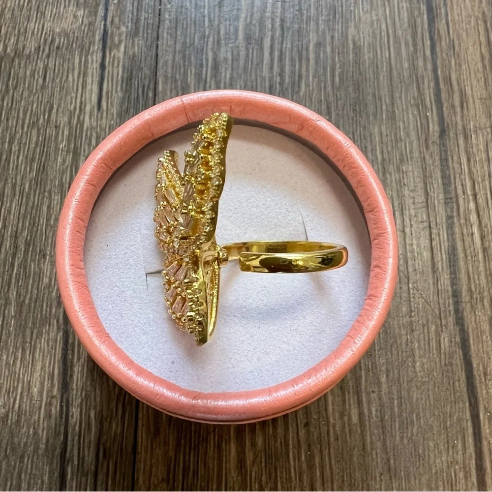 NWT Gold Butterfly Ring Rhinestone Fashion Jewelry Adjustable Back Solid Bling