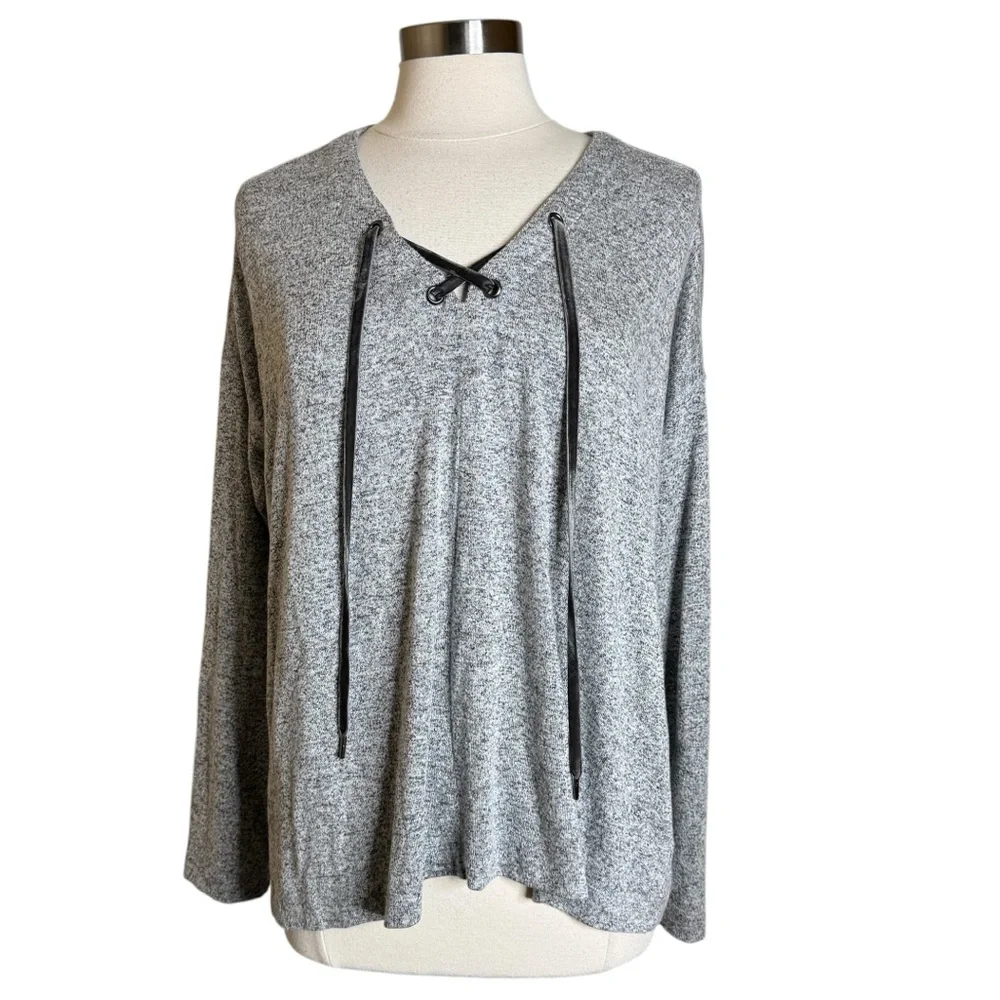 Rails Leigh Melange Gray Pullover Top Long Sleeve Lace Up Shirt Women's Large