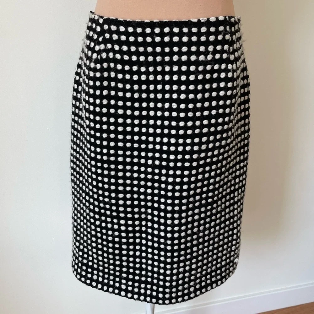 Edward Achour Paris Black White Knit Dot Wool Below The Knee Pencil Skirt Size 6