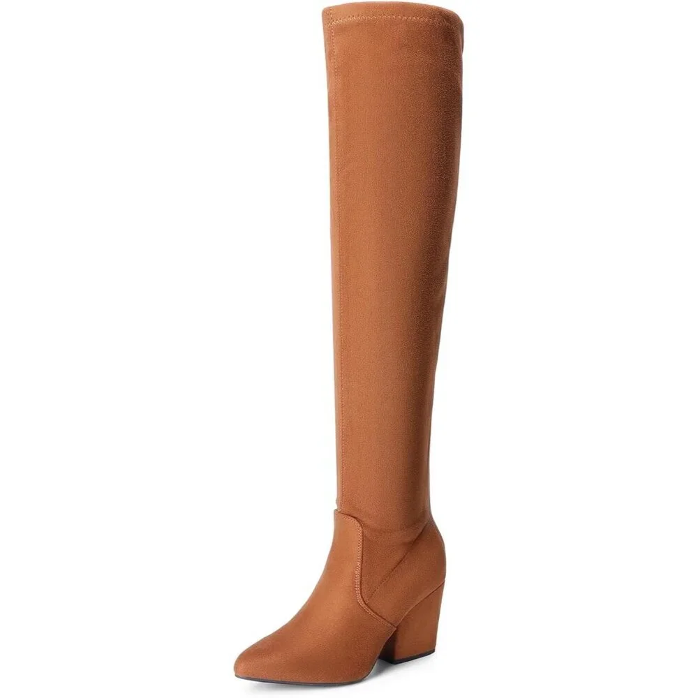 Women's Brown Thigh High Knee Chunky Pointed Toe Long Block Stylish Heel Boot