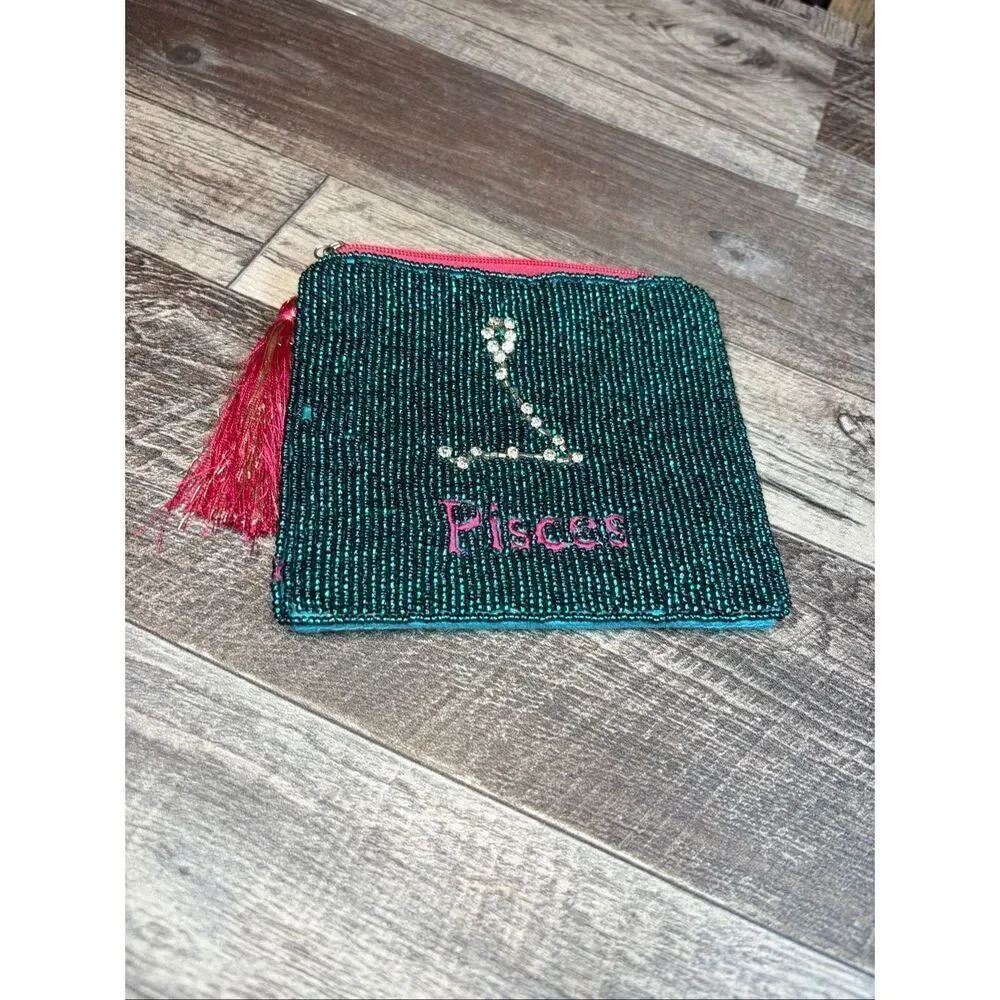 Beaded Pisces Zodiac Coin Purse | Teal & Pink Astrology Pouch with Rhinestone Co