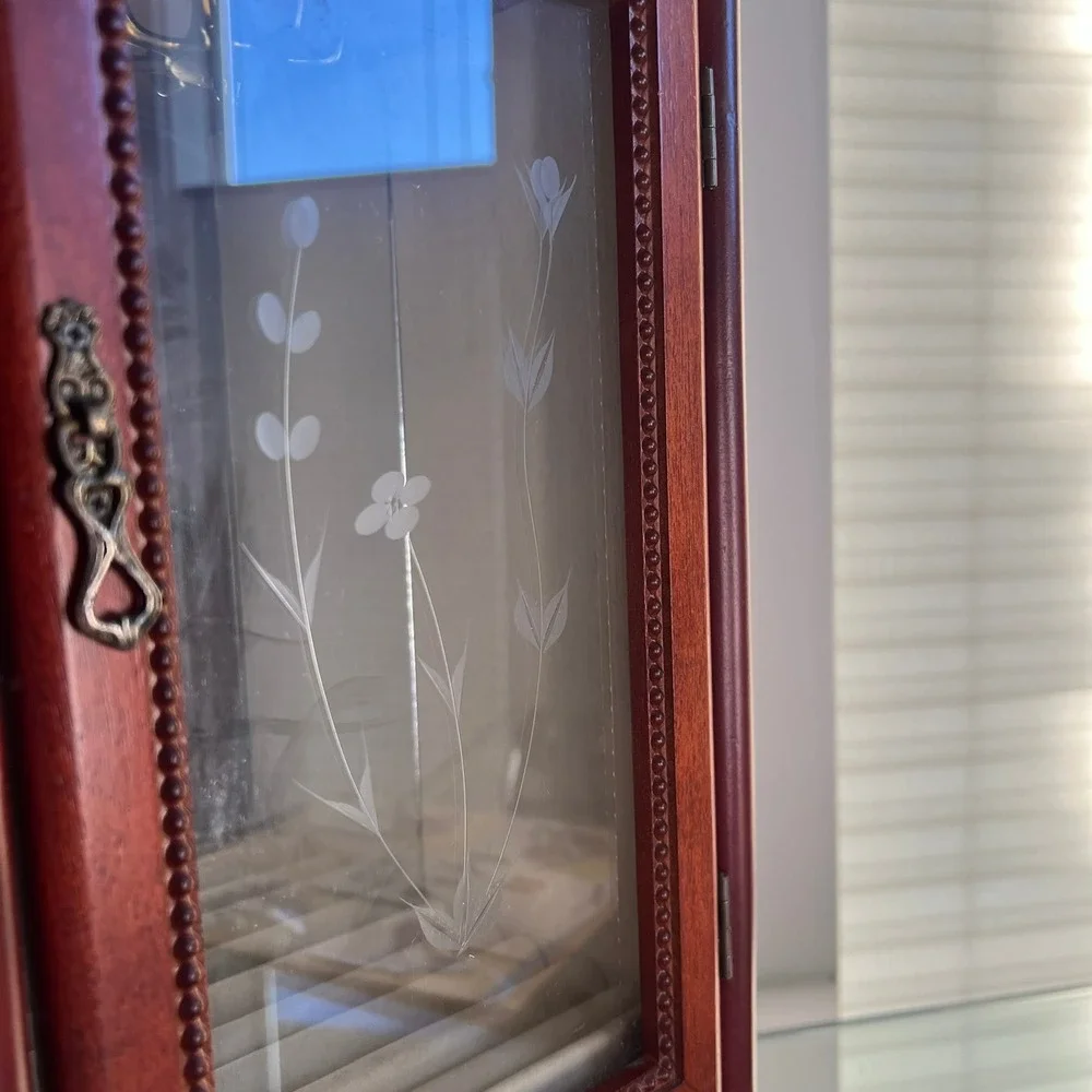 Vintage Style Wooden Jewelry Box Etched Glass Door Drawer Organizer