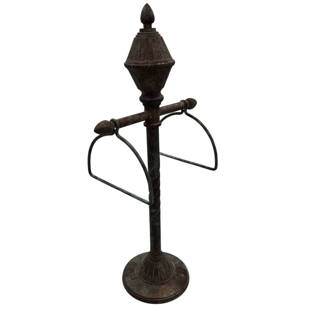 Vtg 1996 Ornate India Metal Towel Tree Stand 2 Ring Holder Spanish Rustic Decor
