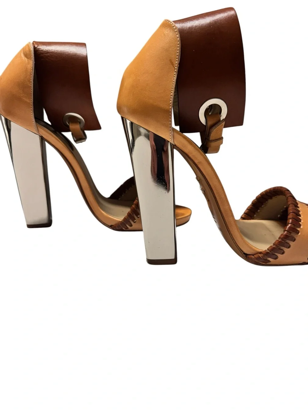 Etro Brown and Tan Braided Retro Diisco 70's whipstitch leather Leather Heels