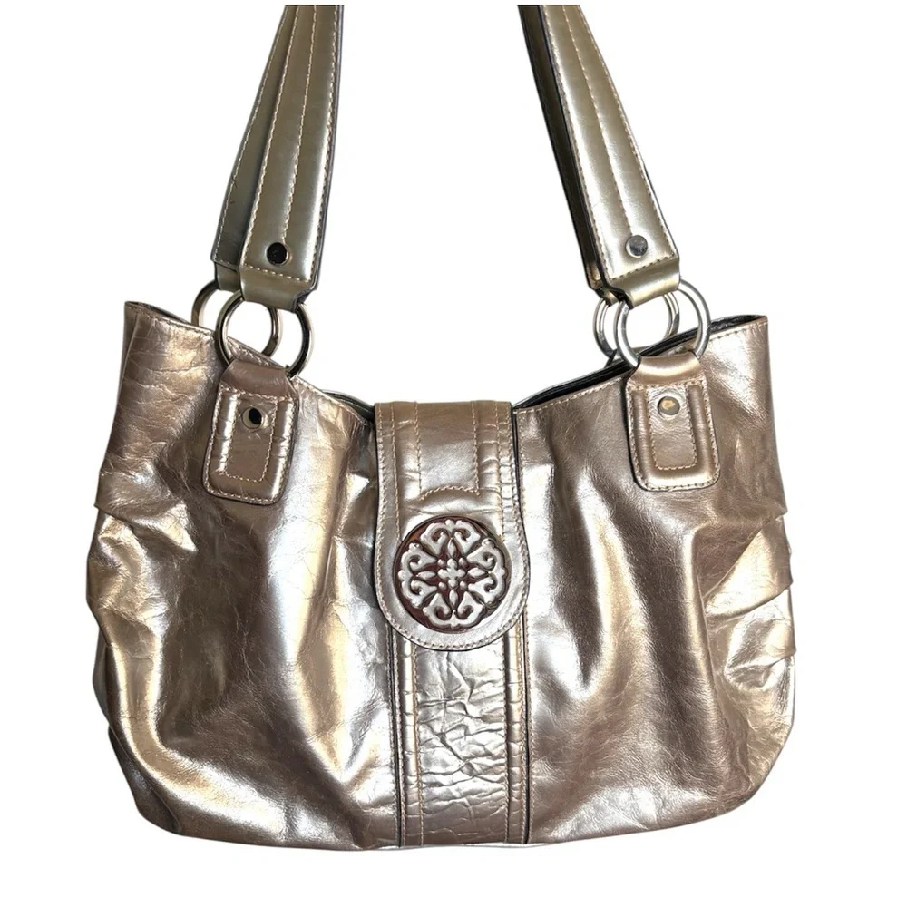 Solina Woman’s Metallic Silver Taupe Shoulder Bag with Decorative Medallion
