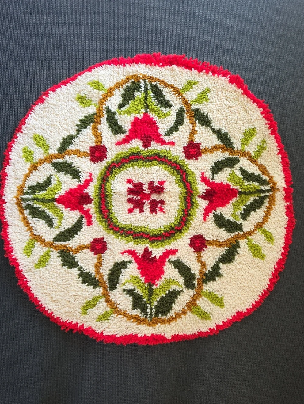 Vintage Handmade Latched Red Green White Scandinavian Vibes Round Rug 34
