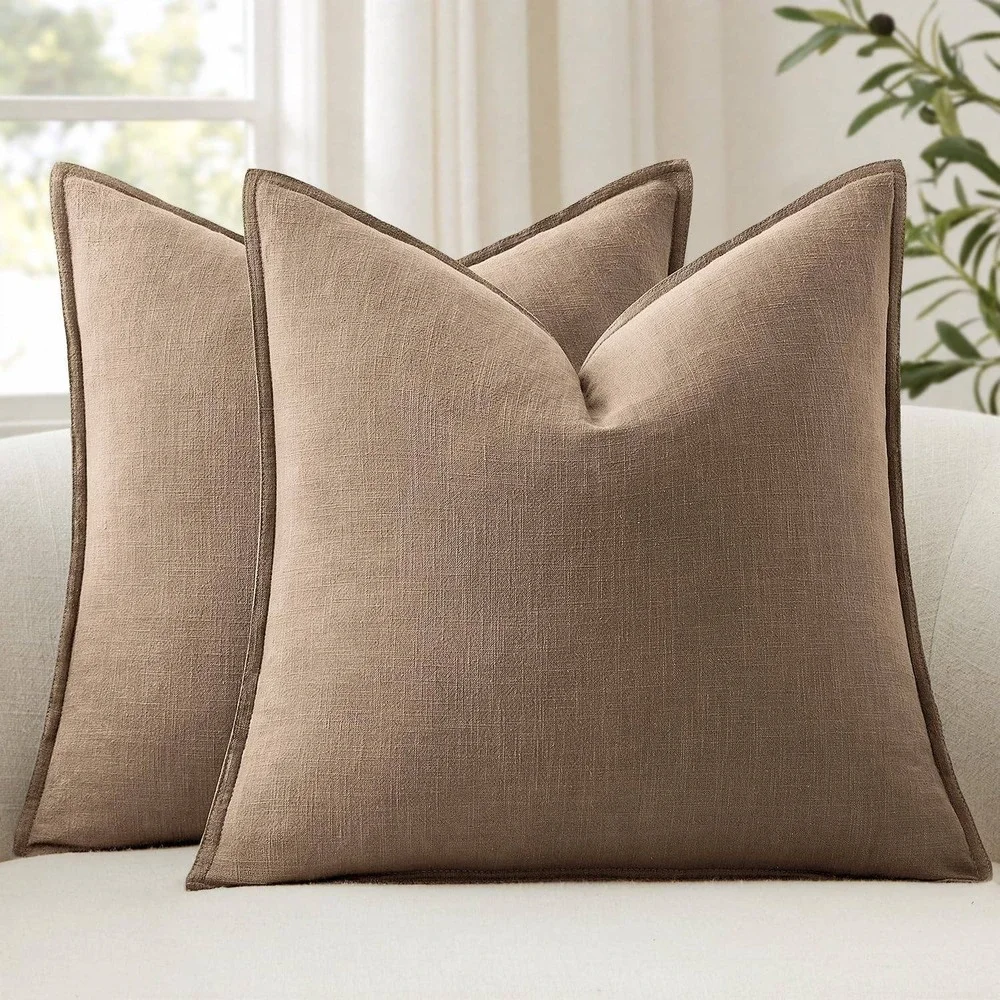 Set of 2 CoCo Brown Linen-Like Sofa Throw Pillow Covers 20x20 Square Flange Edge