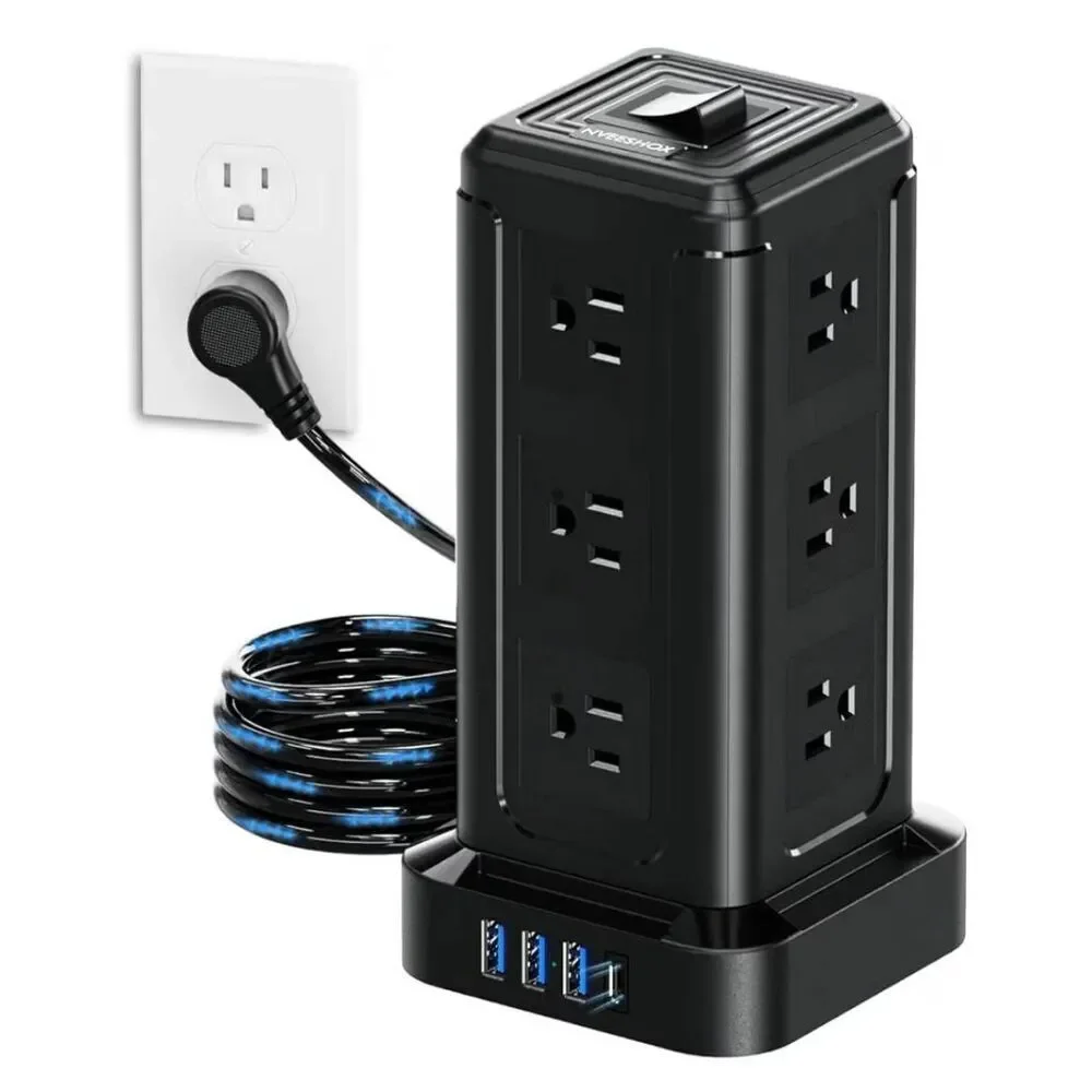 Surge Protector Power Strip Tower, 10 FT Flat Plug Extension Cord with 12 AC Out