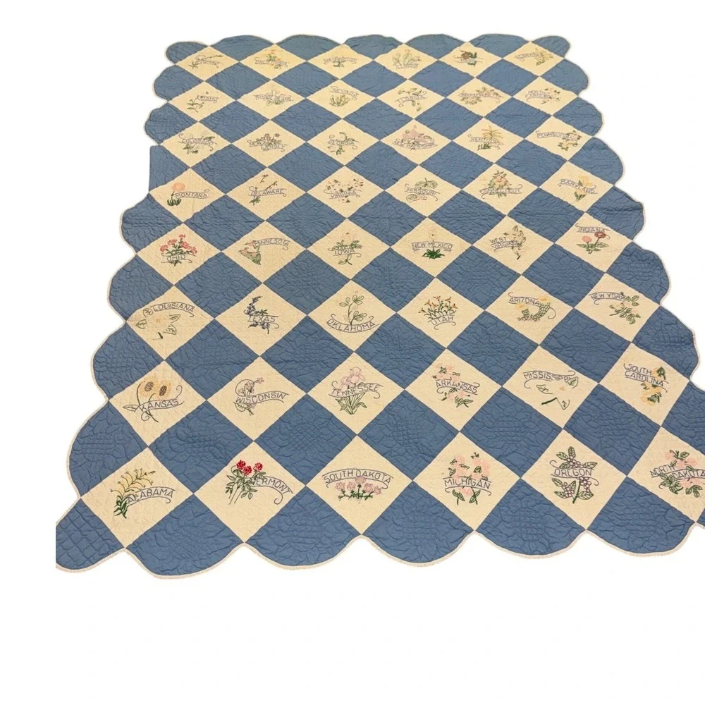 Vintage 48 State Embroidered Quilt 1930s Blue White Hand Quilted Scalloped Edge