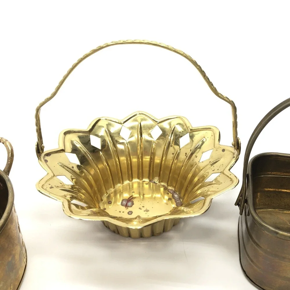 Vintage Brass Basket Planter Flower Pot Bucket Pail Spring Decor Boho Lot Bundle