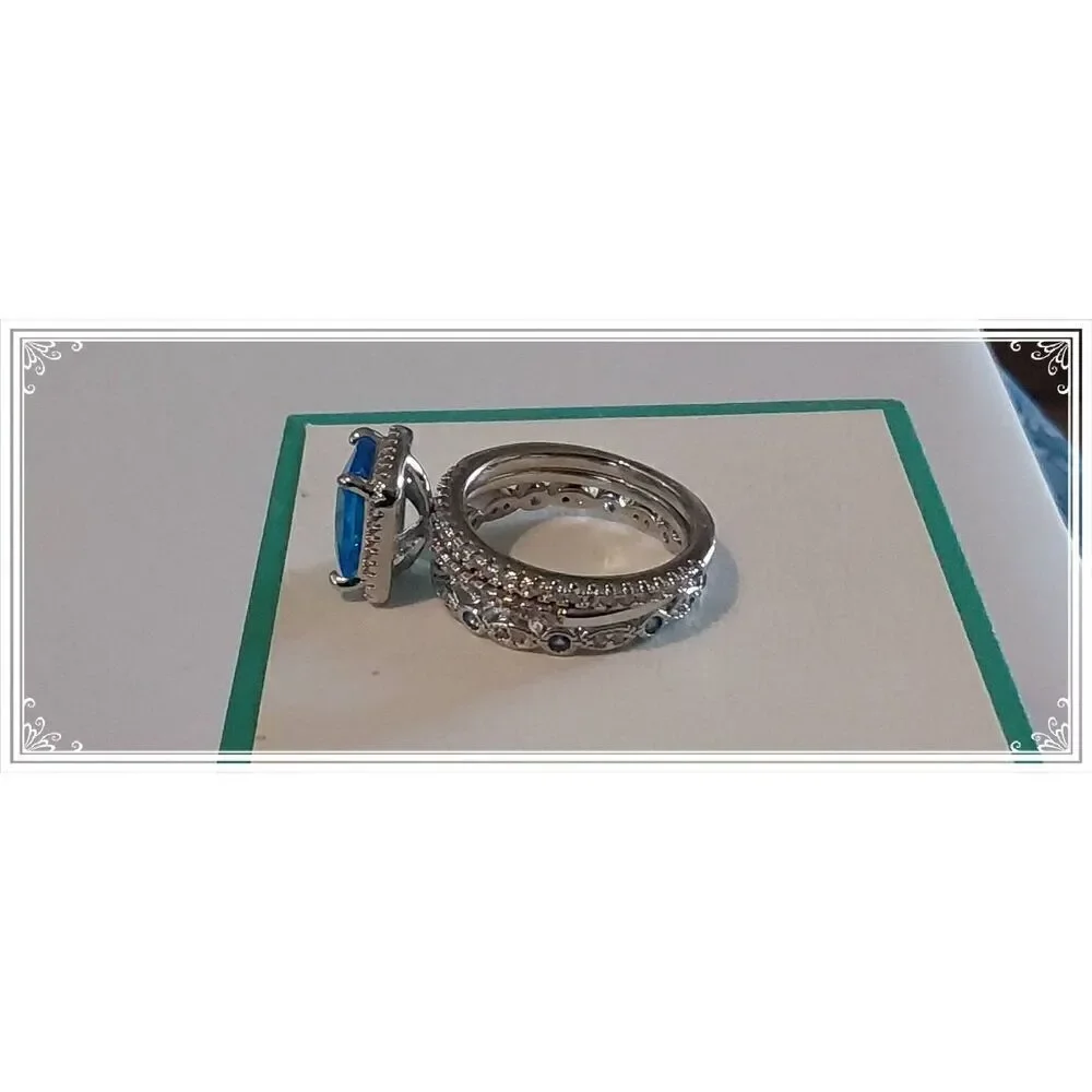 3.5 Ct. Emerald Cut Blue & White Topaz 3Pc. Wedding Ring Set Sz 8