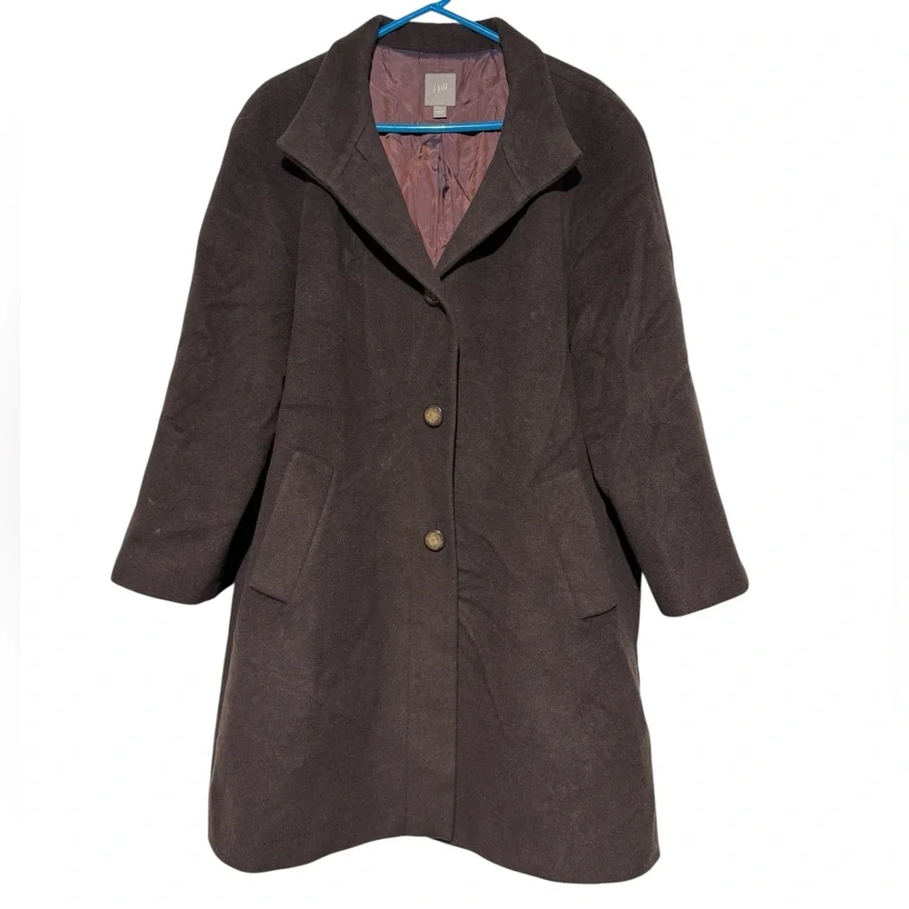 J Jill Chocolate Brown Wool Blend Trench Coat Women Size L Winter Old‎ Money