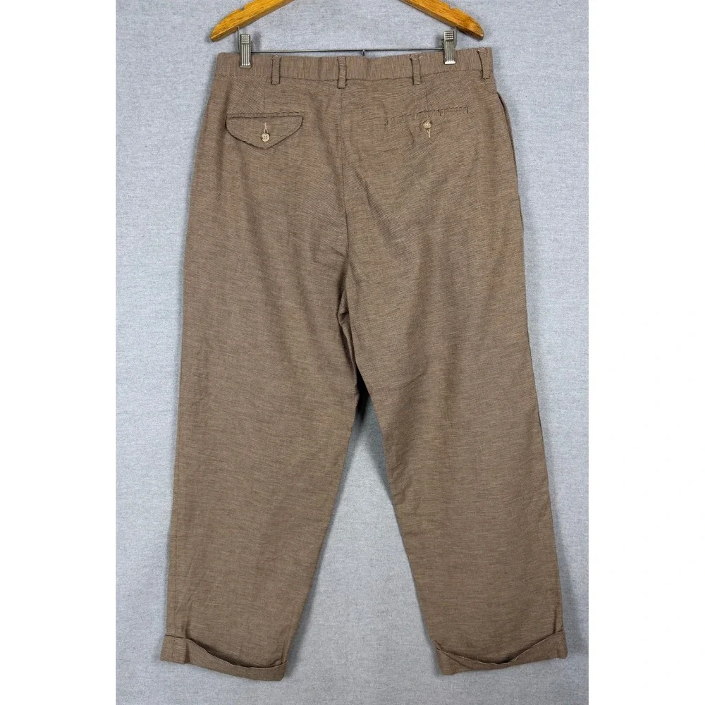 Polo Ralph Lauren Mens Brown Micro Houndstooth Pleated Cuffed Cotton Pants 35x27