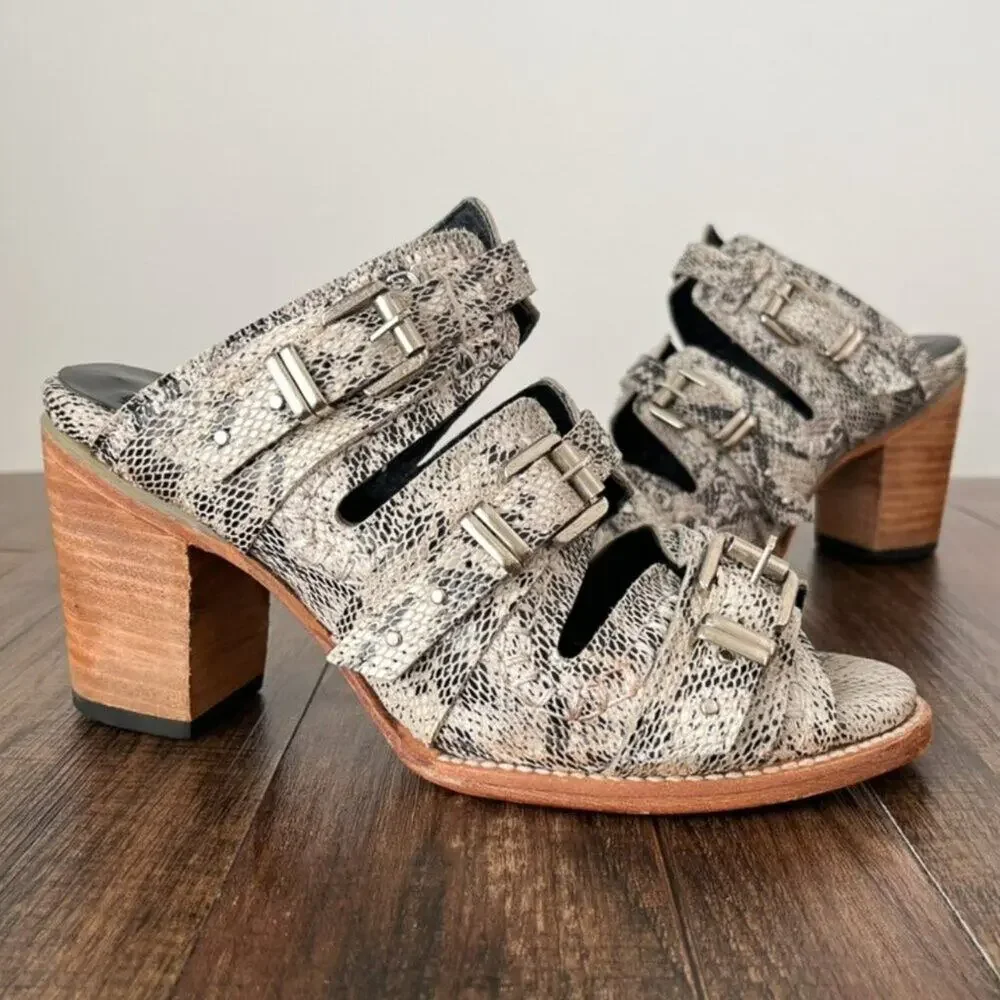 Freebird Caitlyn Leather Sandal Snake Embossed Buckle Heel Size 9 Black White