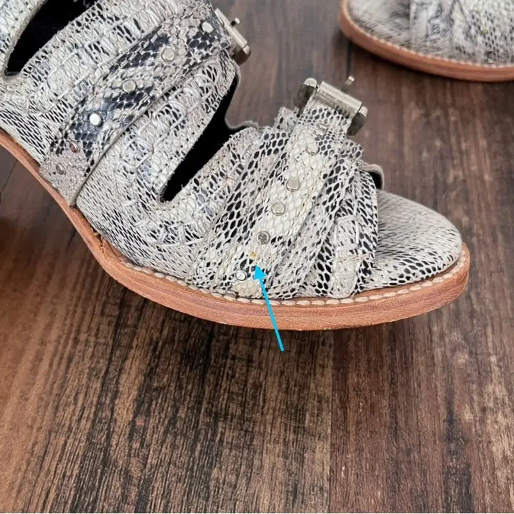 Freebird Caitlyn Leather Sandal Snake Embossed Buckle Heel Size 9 Black White