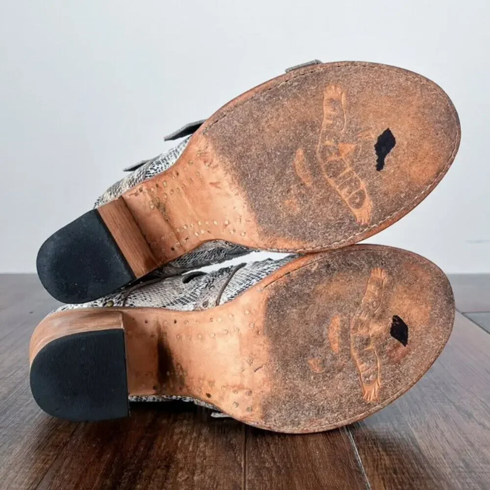 Freebird Caitlyn Leather Sandal Snake Embossed Buckle Heel Size 9 Black White