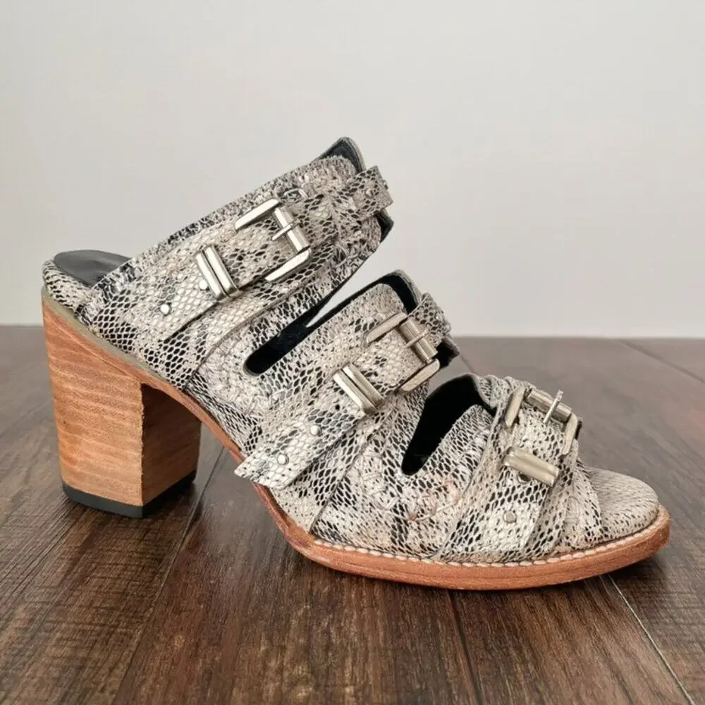 Freebird Caitlyn Leather Sandal Snake Embossed Buckle Heel Size 9 Black White